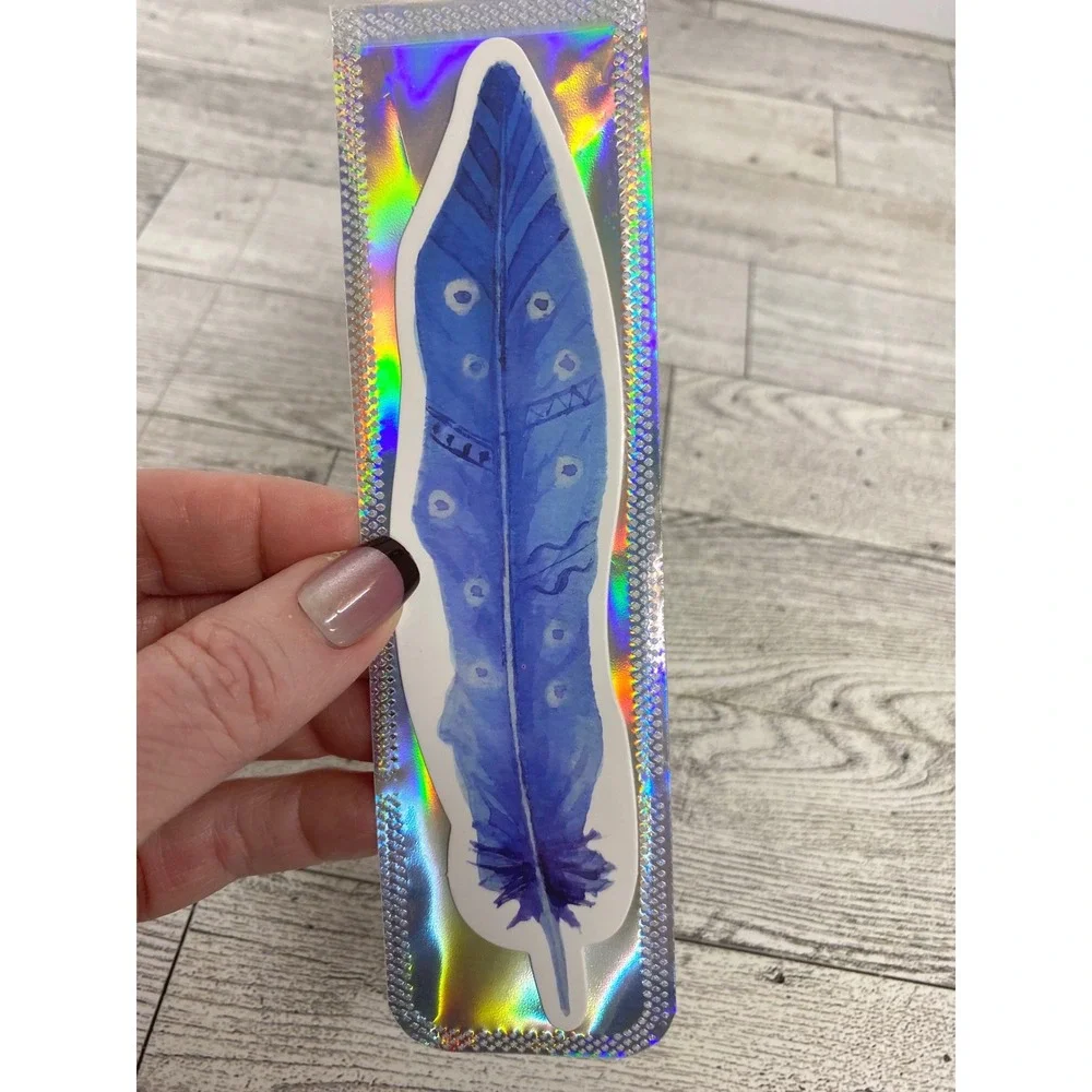 Patterned Blue Watercolor Feather Die-Cut Bookmark Boho Reader Gift Whimsical